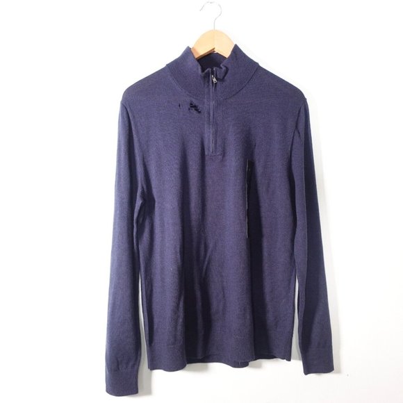 Navy Blue Merino Wool Sweater Mens Large Classic Soft 1/4 Zip BANANA REPUBLIC - Picture 1 of 11